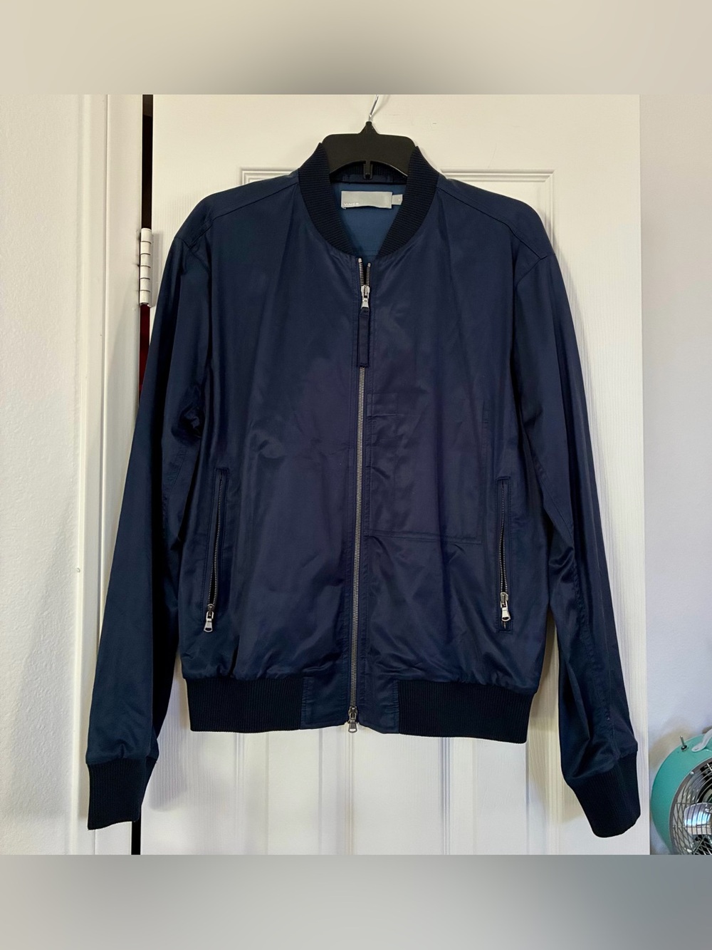 VINCE Navy Blue Washed Satin Luxury Cotton Stretch Zip Front Bomber Jacket M